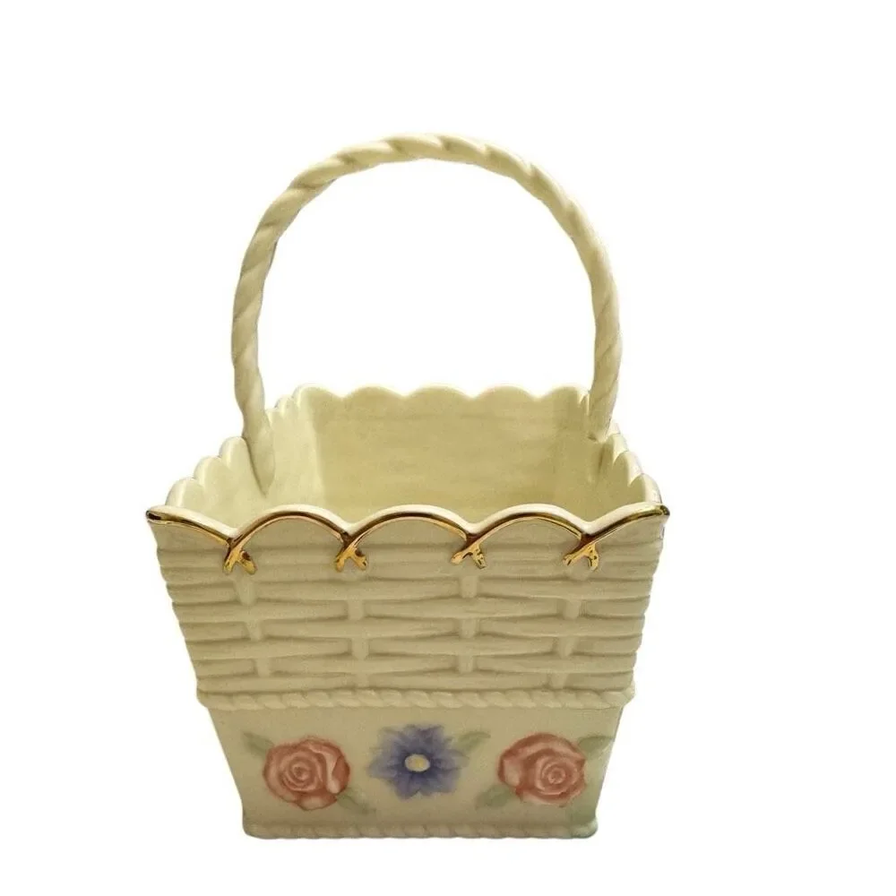 Lenox Porcelain Ivory Spring Garden Basket Blue Pink Floral 3D Butterfly Gold